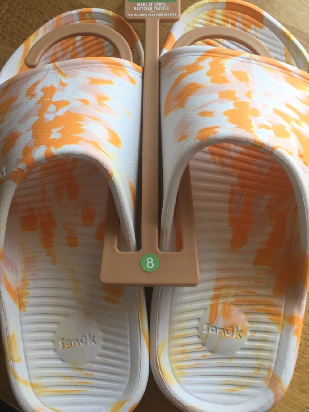 Sanuk 100% recycled plastic size 8 worn in my house but they are to big
